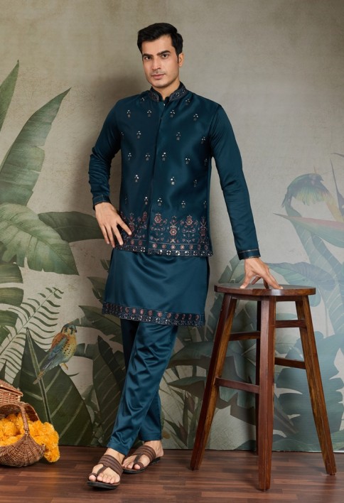 Midnight Blue Embroidered Kurta Set for Men